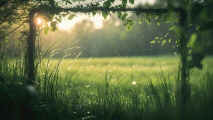 Poster - Spring and summer backdrop featuring a natural frame made of grass and leaves. Vibrant green meadow under the early morning sunlight, with soft focus and ample copy space.