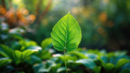 Aufkleber - Detailed view of a vibrant green leaf in nature, set against a soft-focus backdrop of garden greenery, featuring empty space for text. A visual representation of ecology and lush plant life for bac...