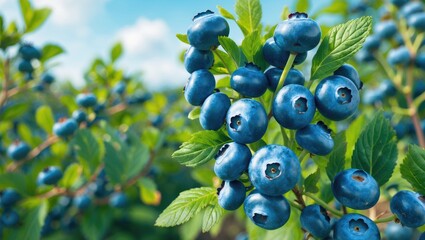 Poster - Nutritious and tasty blueberry fruits on thriving huckleberry bushes, Vaccinium corymbosum. Plump, blue berries developing on a robust green plant in a blueberry orchard and field setting.