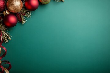 Aufkleber - Pine branches embellished with red and gold baubles and shimmering ribbon create a cheerful festive arrangement perfect for holiday greetings