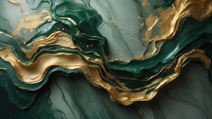 Poster - Stunning abstract backdrop featuring a blend of golden and deep green acrylic paints. Marble-like texture in modern artistry.