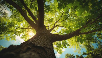 Poster - a vibrant forest scene with sunlight filtering through green foliage from below the tree trunk.