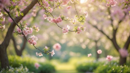 Poster - Summertime backdrop with a blurred bokeh effect featuring a garden of flowering trees.