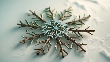 Poster - a snowflake crafted from Christmas tree branches. Positioned flat. Represents the essence of winter.