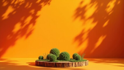 Poster - A vivid orange backdrop with tree branch shadows encircles a wooden platform featuring grassy balls on lush moss. An ideal empty setting for marketing cosmetic, beauty, and natural products. Displa...