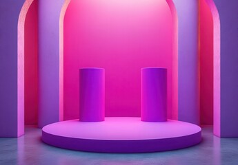 Poster - Minimalist display space with mixed purple lighting and geometric shapes ideal for showcasing products or art in a modern gallery setting