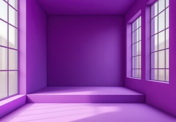 Poster - Minimalist interior space with vibrant purple walls and large windows creating an atmosphere of creativity and inspiration, perfect for artistic endeavors