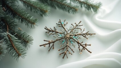 Poster - a snowflake crafted from Christmas tree branches. Positioned flat. Winter theme.