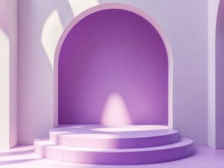 Poster - Minimalist Purple Backdrop with Arched Niche, Soft Lighting, and Stairs Ideal for Product Display or Artistic Showcase in Modern Design
