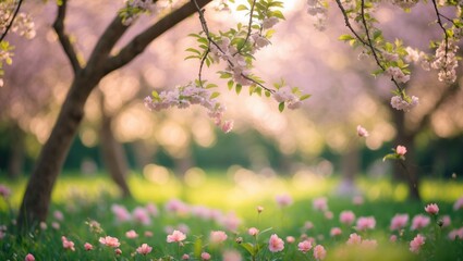 Poster - Blurry bokeh scenery of a garden in summer with blooming trees