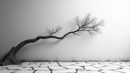 Poster - Abstract gray shadow background of a tree branch with natural leaves, set against a white wall in black and white monochrome tones.