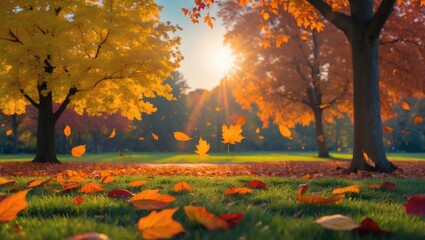 Poster - Stunning autumn landscape featuring sunlight and golden foliage. Vibrant park vegetation with a backdrop of leaves gracefully drifting down.