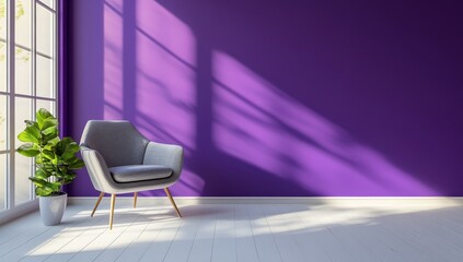 Poster - modern living space with purple wall, stylish chair, natural light, and green plant creating a fresh