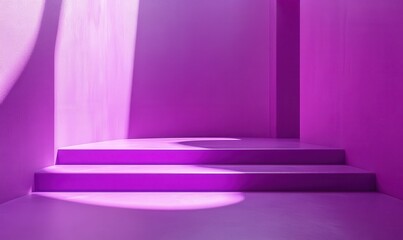 Poster - Modern Minimalist Interior with Purple Walls and Soft Natural Lighting Illuminating Steps in Contemporary Architectural Space