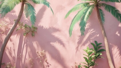 Poster - Soft pink cement texture backdrop featuring leafy shadows and tropical plants. Ideal summer beach holiday vibe with pastel palm trees in a flat lay arrangement.