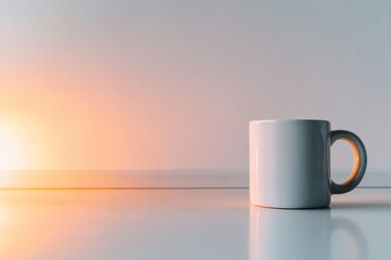 Poster - A plain white ceramic mug sits on a smooth reflective surface against a soft gray backdrop. Ideal for showcasing designs, it offers ample copy space on one side