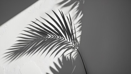 Poster - Silhouette of a palm leaf casting a shadow in an abstract design against a white wall background, featuring unoccupied space.