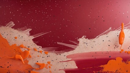 Poster - Background featuring orange splatters and a blurred effect. Freckles adorn the deep red surface. Abstract paint drips showcase a terrazzo style.