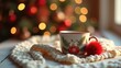 © ArtificialHorizons - Charming holiday mug with knitted accessory set against a soft-focus background with bokeh effects.