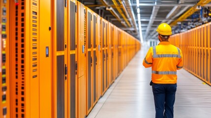 Poster - A telecommunications engineer inspects advanced equipment for 5G deployment in a modern facility, showcasing the cutting-edge of digital connectivity