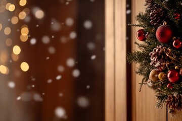 Poster - A large evergreen wreath decorated with red ornaments and pinecones hangs on a rustic wooden door amidst light snowfall, creating a festive atmosphere
