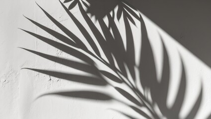 Poster - Monochrome shadow of a palm leaf creating an abstract design on a light-colored wall background. Open area for text.