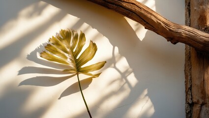 Poster - Blurred wall backdrop featuring a leaf's shadow and light. Natural textures from tropical foliage, a tree branch, and sunlight on a white surface.