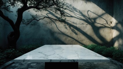 Poster - Backdrop for product showcases featuring a White Marble Table cast in tree shadows within a garden against a textured concrete wall.