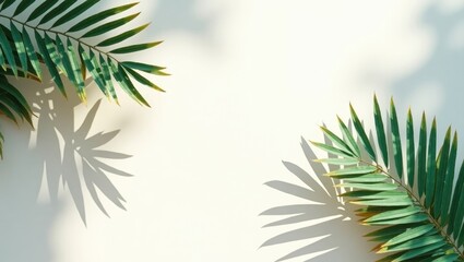 Poster - Backdrop featuring a white wall adorned with shadows from palm leaves. A cardboard base with a white surface. An abstract tropical themed image.