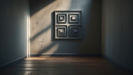 Poster - Interior view of a corner space featuring a modern gray square pattern on a wooden wall.