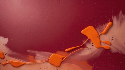 Poster - Abstract red backdrop with orange spots and blurs. Freckled crimson surface adorned with paint splashes. Terrazzo-inspired design elements.