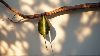 Poster - Blurry backdrop on a wall created by the shadow of a leaf and light. The natural appearance of tropical foliage, a branch, and sunlight casting on a white surface.