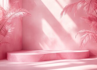 Poster - Serene Pink Background with Soft Shadows and Lush Tropical Leaves Creating a Tranquil Setting for Staging and Display