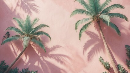 Poster - Pastel pink cement backdrop featuring palm trees and leafy shadows, evoking a summer tropical escape with a flat lay aesthetic.