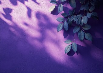 Poster - Serene Purple Wall with Green Leaves Casting Soft Shadows at Sunset, Modern Aesthetic for Minimalist Decor and Nature-Inspired Backgrounds