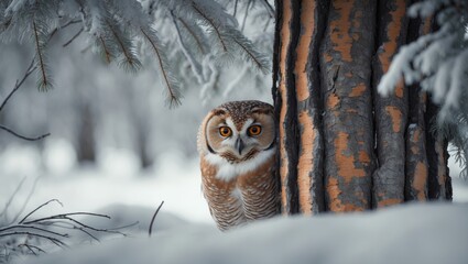 Owl concealed among the trees. A camouflaged Long-eared Owl with striking orange eyes peering from behind a larch trunk, showcasing wildlife in its natural habitat in Sweden. A glimpse of nature's ...