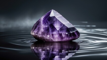Poster - Purple amethyst shimmering on water surface. Lilac gemstone set against a plain white backdrop. Ideal for a natural stone-themed banner.