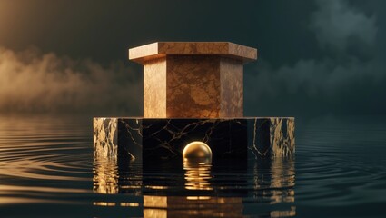 Poster - Elegant stone podium mockup featuring a golden marble design and a gold sphere in water for branding and packaging displays. Chic black and gold pedestal. Fashion representation. Render. Image.