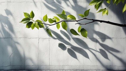 Poster - Falling natural leaves from a tree branch casting gray shadows on a white concrete wall, creating a monochromatic and abstract background for wallpaper.