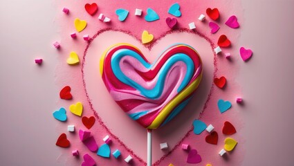 Poster - Colorful heart-shaped lollipop amidst confetti on a pink backdrop. Valentine's Day theme. Flat lay, top view.