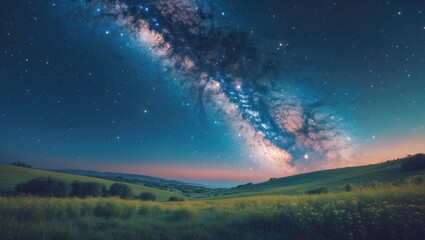 scenic view featuring the blue milky way. starlit night with hills during summer. stunning cosmos. i