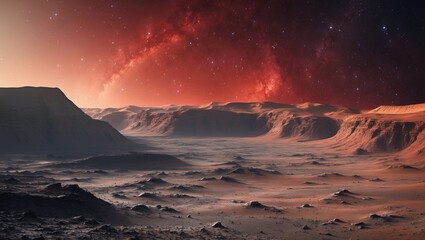 Wall Mural - Rendering of Mars, showcasing its reddish terrain, intricate surface details, atmospheric effects, and a backdrop of stars, in high resolution.