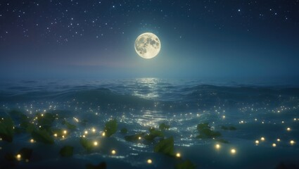 Wall Mural - Lunar Reflection Over Ocean in Enchanted Night with Subaqueous View
