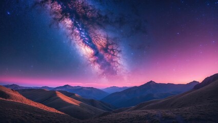 Wall Mural - Galaxy and pink hues over mountains. Vibrant night scenery. Star-filled sky with hills during summer. Stunning cosmos. Celestial backdrop with the Milky Way. Travel-themed image.