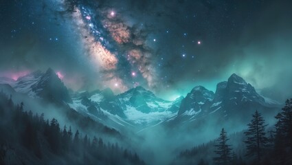 Wall Mural - Scenic mountain landscape illuminated by the Milky Way and stars in the night sky