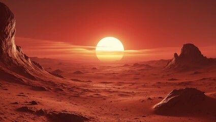 Wall Mural - Panoramic view of Mars at dusk, extraterrestrial terrain, depiction of another planetary surface, digital rendering.