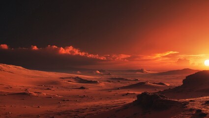 Wall Mural - Sunset on Mars, panoramic view of Martian terrain, extraterrestrial scenery, a sweeping landscape of a distant planet, digital rendering