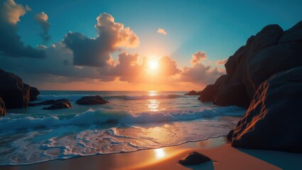 Wall Mural - Transition from day to night above large rocks on a sandy shoreline during twilight. A beautiful season for vacations. Clouds float in the blue sky with the sun and moon at the horizon, while waves...