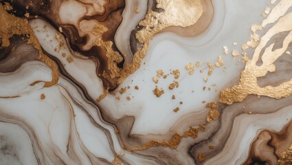 Poster - Artistic marble texture background with alcohol ink. Water tones in white, brown, and beige mimic mineral stone design for decor. Unique abstract pattern features gold metallic flecks and sandy str...