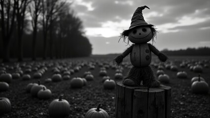Poster - Countryside scene featuring a pumpkin patch and a scarecrow. Monochrome coloring book page.
